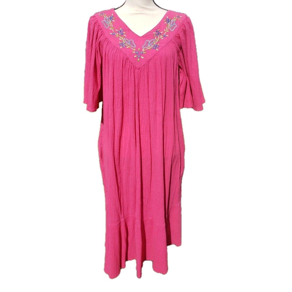 Vtg Bechamel Pink Embr Floral House Coat Nightgown Mumu 100% Cotton W/Pkts Sz Sm